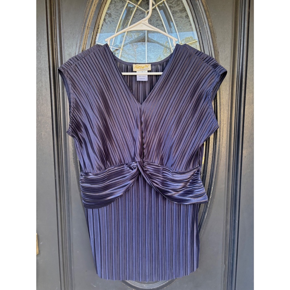 Alessa W.‎ Collection Blue Accordion Pleat V-Neck Twisted Waist Top USA 6